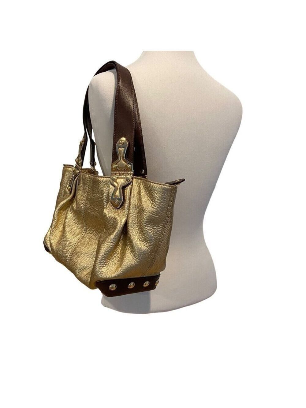 Stunning Michael Kors Gold Metallic Leather Satchel Brown Straps & Gold Hardware